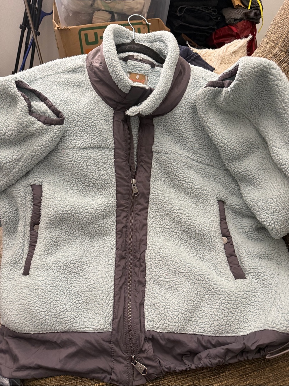 Free People Light Blue Teddy Sherpa Jacket with Dark Gray Trim